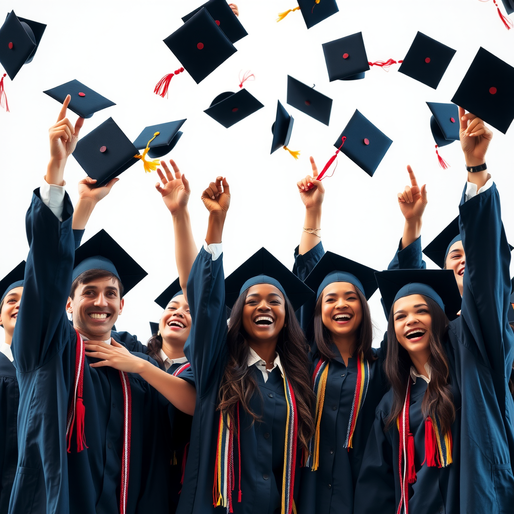 Diverse group of students in graduation caps and gowns celebrating their achievement, throwing caps in the air with joyful expressions, representing successful scholarship recipients from various ethnic backgrounds