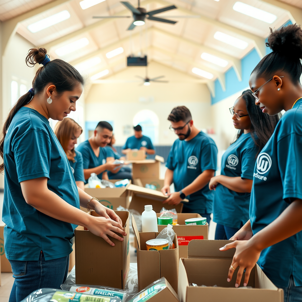 Diverse group of volunteers working together at a community service project, wearing matching t-shirts, organizing food donations and supplies in a bright community center, showing teamwork and dedication to serving their neighbors