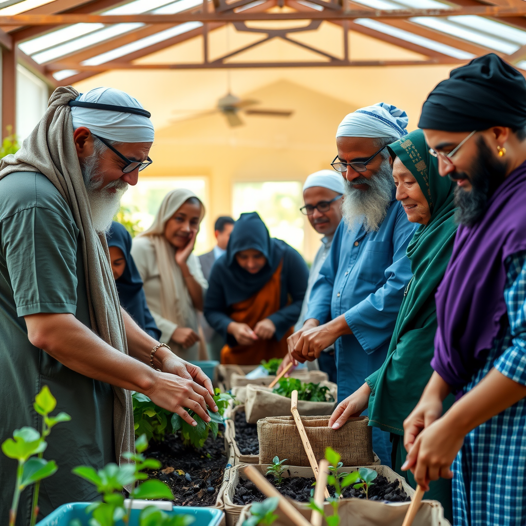 Diverse group of people from different faith traditions including Christians, Muslims, Jews, Hindus, and Buddhists coming together in a community service project, wearing various religious attire, working side by side in a community garden or food distribution center, showing unity, cooperation, and interfaith harmony, bright natural lighting, warm and welcoming atmosphere