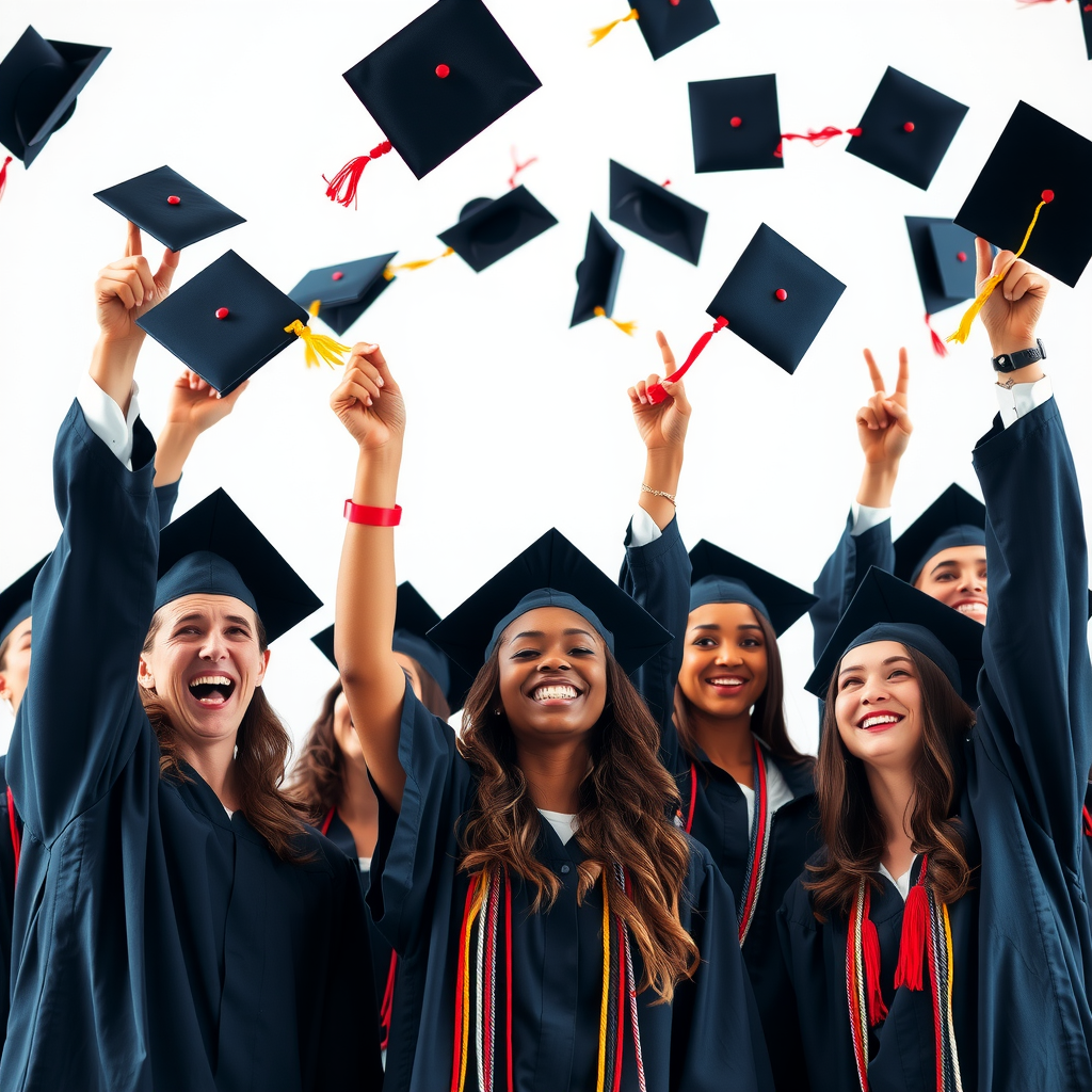 Diverse group of students in graduation caps and gowns celebrating their achievement, throwing caps in the air with joyful expressions, representing educational success and scholarship recipients from various ethnic backgrounds