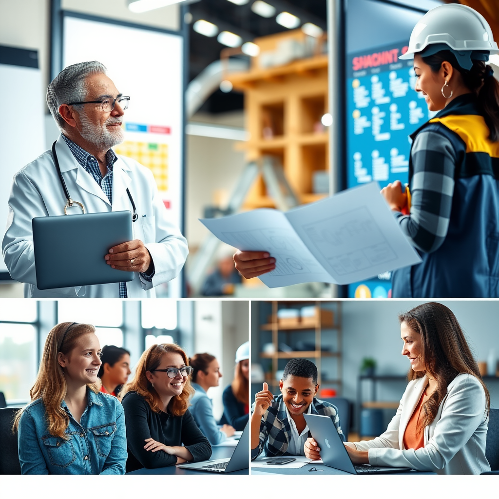 Collage of scholarship recipients in their professional settings: a doctor in a white coat consulting with a patient, an engineer reviewing blueprints at a construction site, and a teacher helping students in a classroom, showcasing diverse career paths and successful outcomes