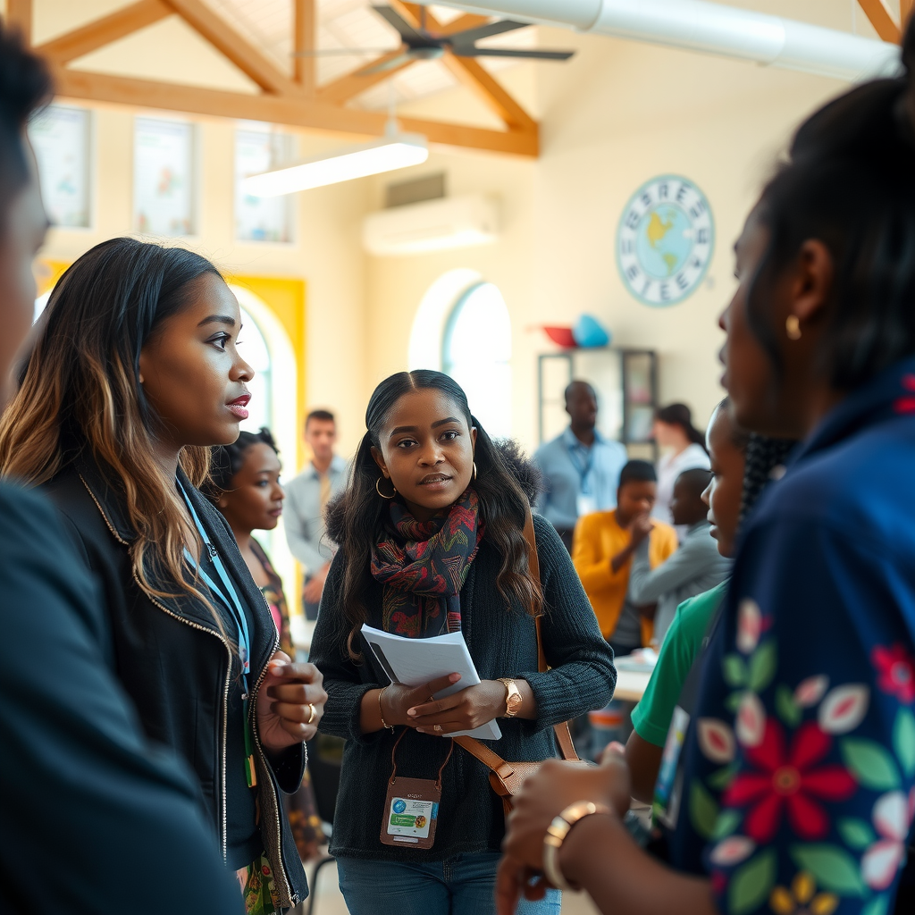 Sarah Mitchell engaging with community members at a Berru Charitable Foundation educational program event, surrounded by diverse participants in a bright, welcoming community center