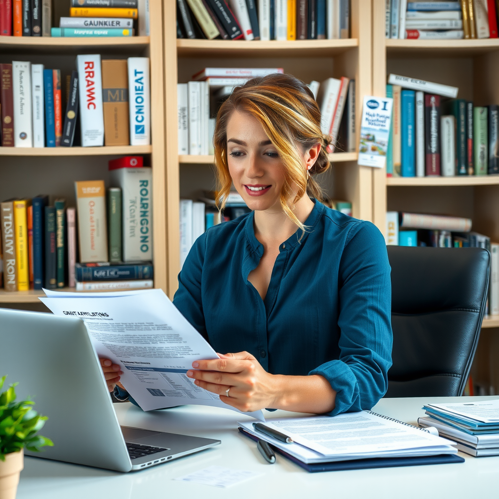 Rebecca Thompson sitting at her desk reviewing grant applications and program reports, with bookshelves filled with nonprofit management resources in the background