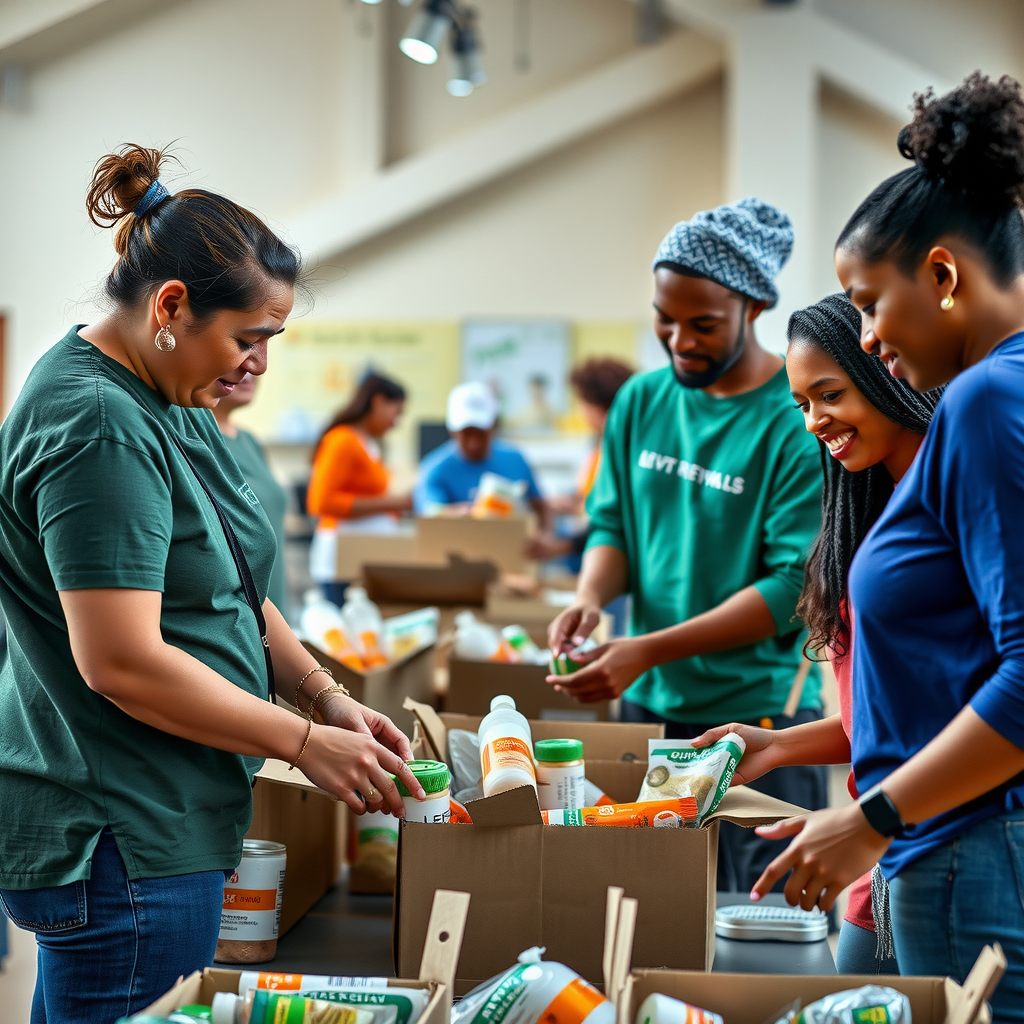 Diverse group of volunteers working together at a community service project, organizing food donations and supplies, showing teamwork and community engagement with people of different ages collaborating