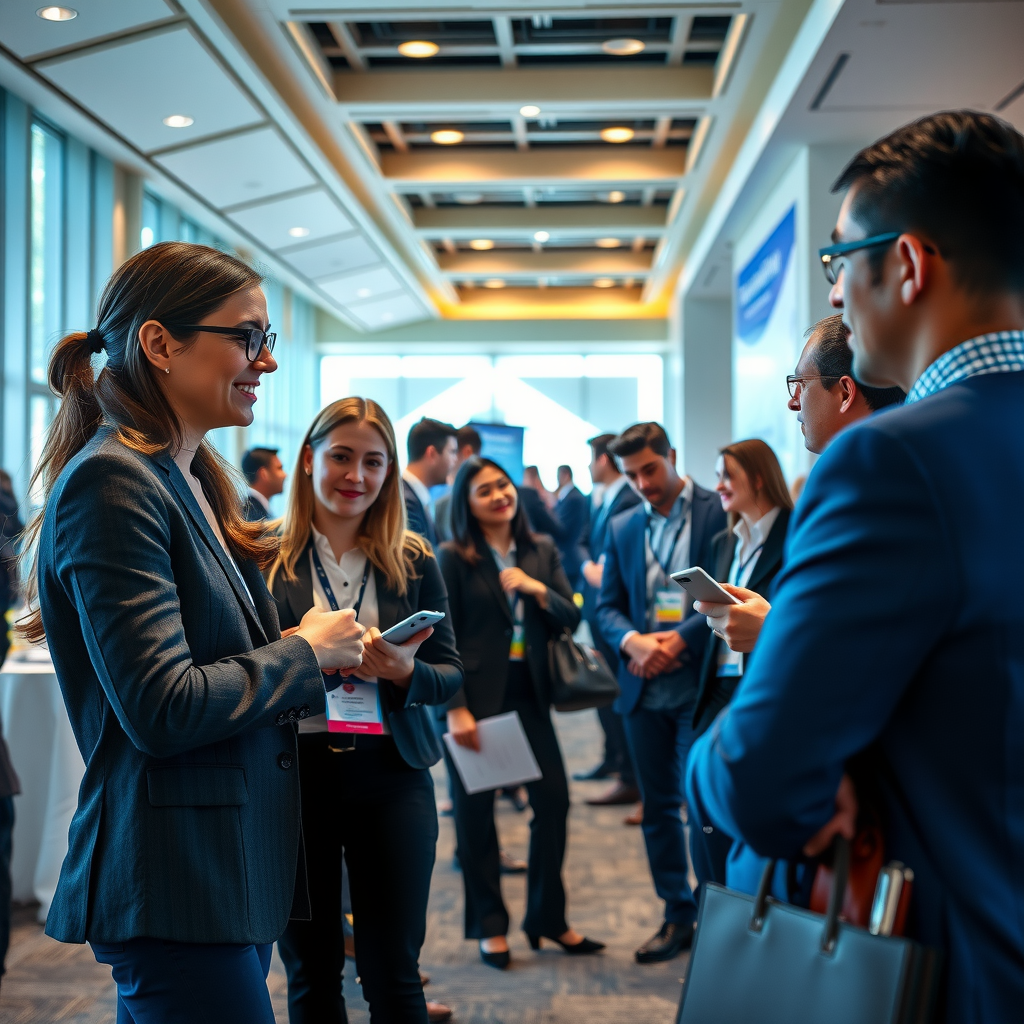 Professional networking event showing scholarship recipients meeting with university administrators and industry professionals in a modern conference setting, with people engaged in conversation and exchanging business cards, representing collaborative partnerships