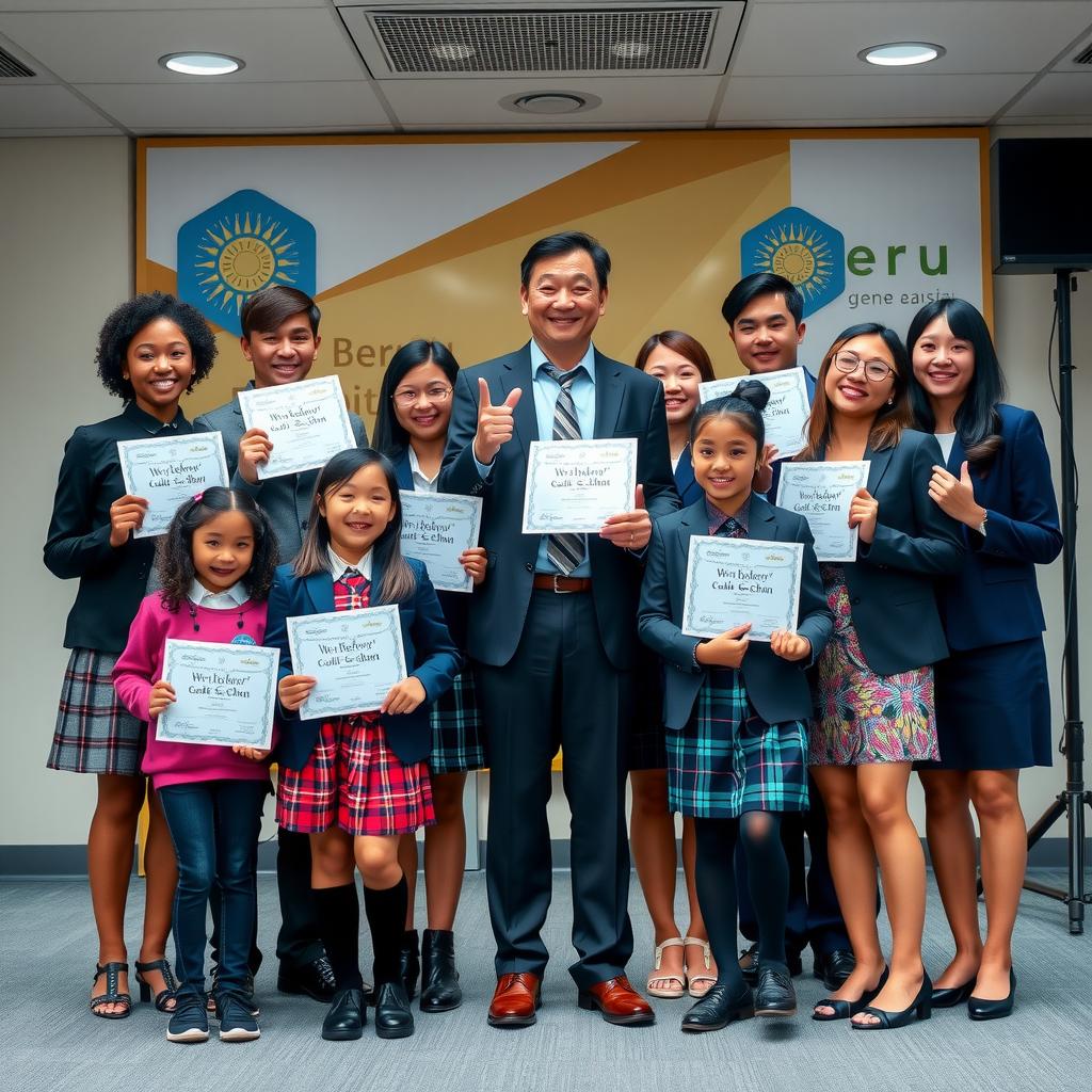 Group photo of diverse scholarship recipients celebrating their achievements with Dr. Marcus Chen at the annual Berru Charitable Foundation awards ceremony, students holding certificates and smiling proudly