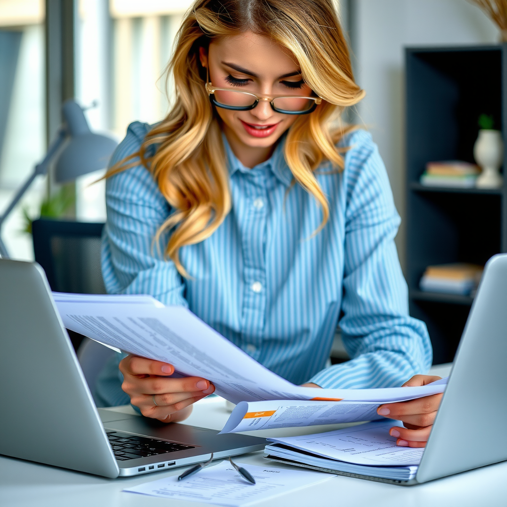 Close-up of Sarah Mitchell reviewing grant applications and program reports, with documents and laptop visible on a modern office desk