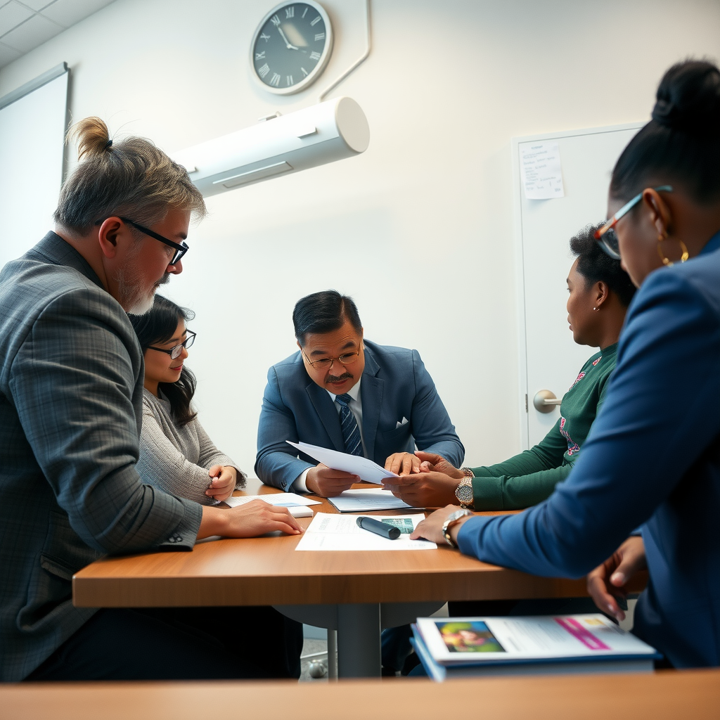 Dr. Marcus Chen meeting with community leaders and educators around a conference table, reviewing program materials and discussing strategies for expanding educational opportunities in underserved neighborhoods
