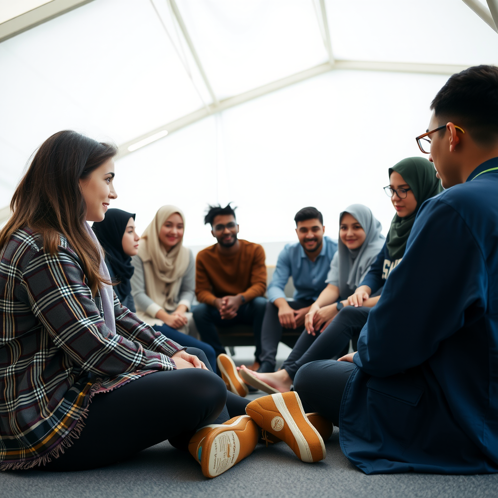 Diverse group of students participating in an interfaith dialogue session, sitting in a circle with facilitators, engaged in respectful conversation and learning