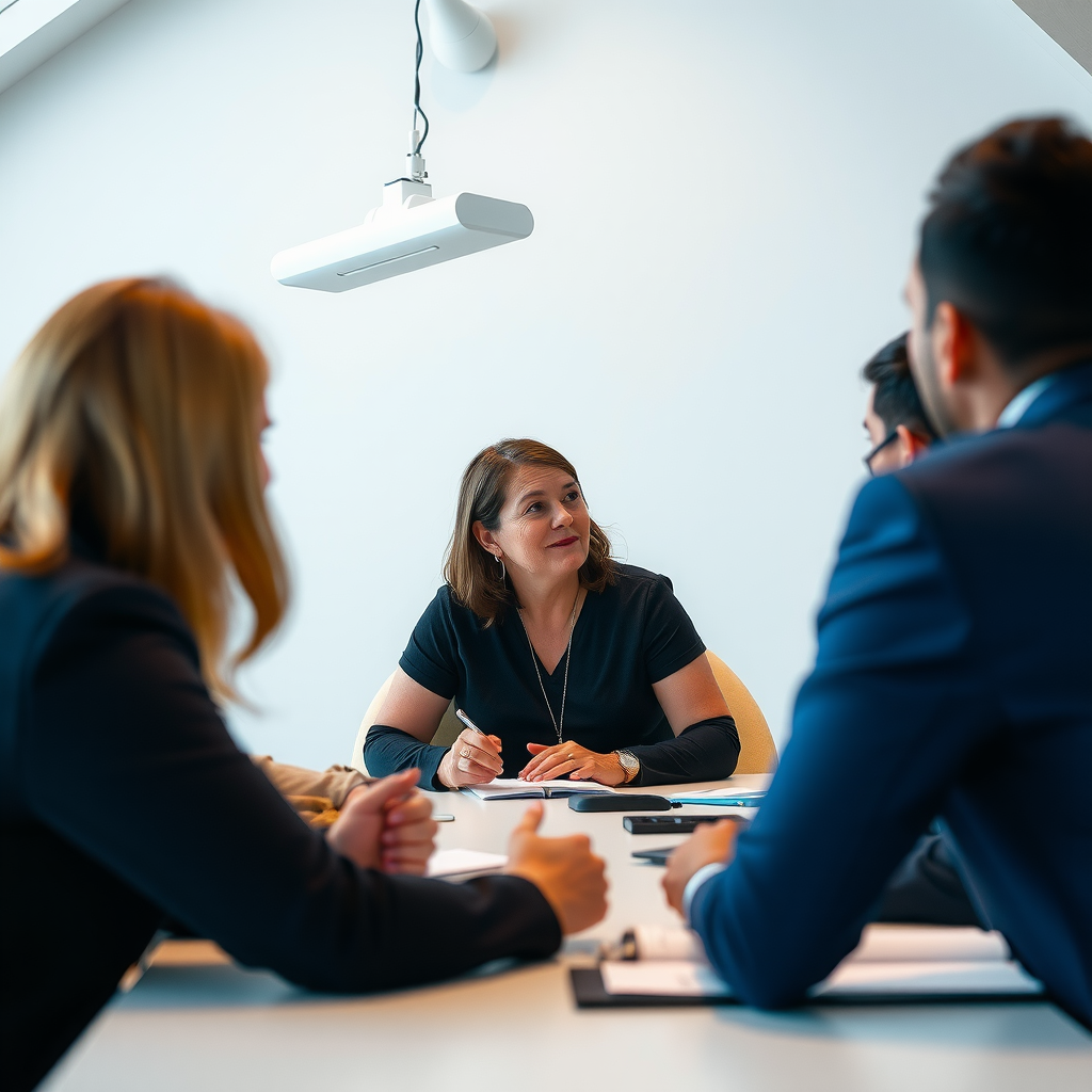 Sarah Mitchell participating in a professional development workshop for nonprofit leaders, engaged in discussion with colleagues around a conference table