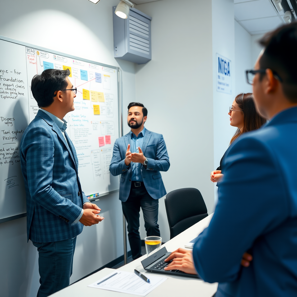 Dr. Marcus Chen facilitating a collaborative team meeting with foundation staff, standing at a whiteboard covered with program planning notes while colleagues contribute ideas and strategies
