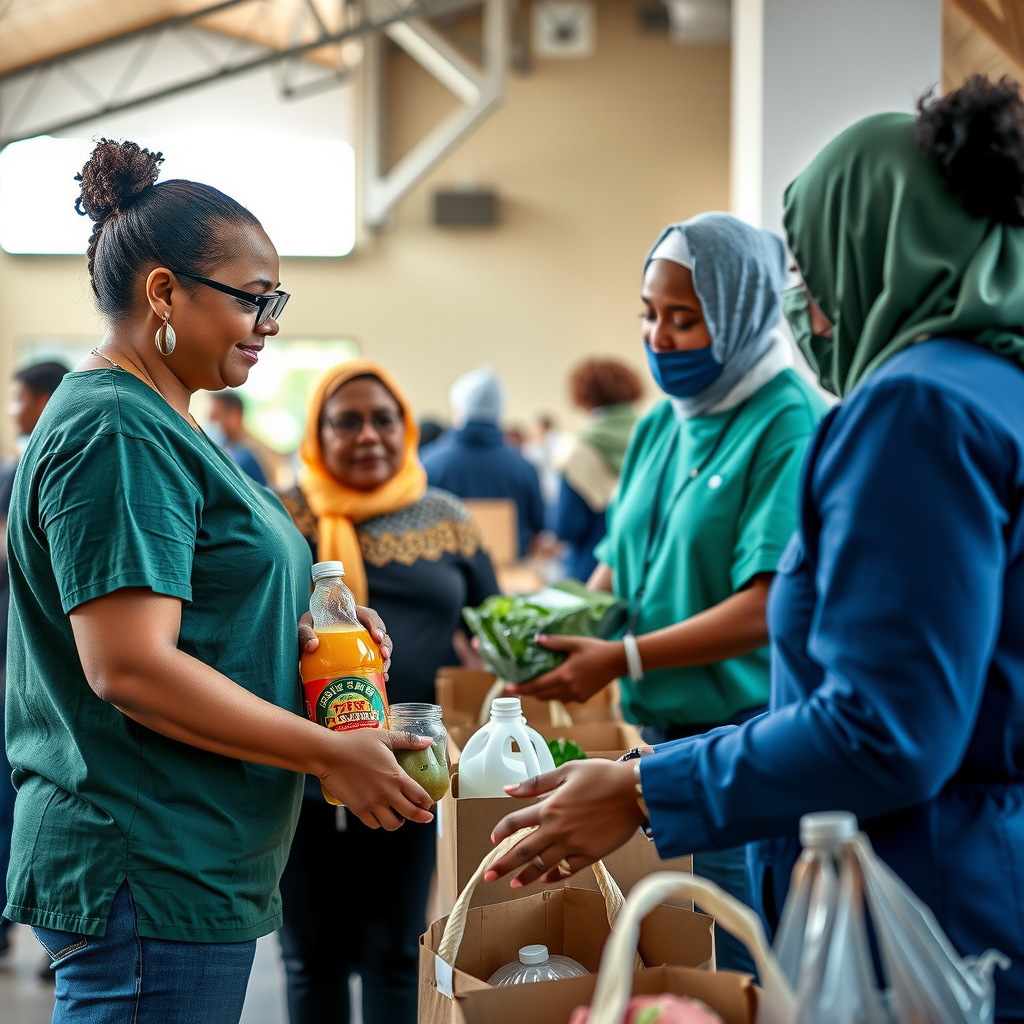 Faith-based volunteers working together at a community outreach event, distributing food and resources to families in need, demonstrating compassionate service